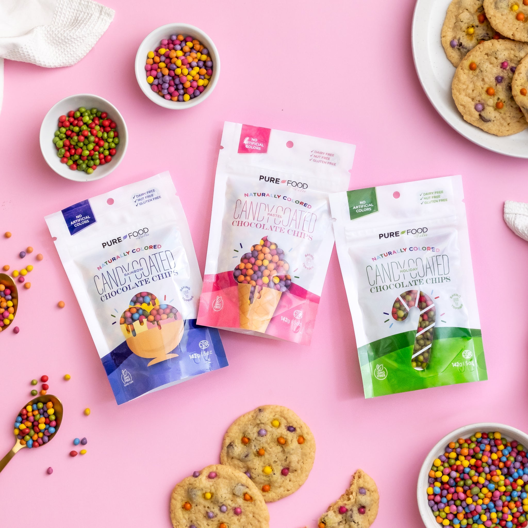 dye-free sprinkles from Pure Food by Estee displayed on cookies with natural colors